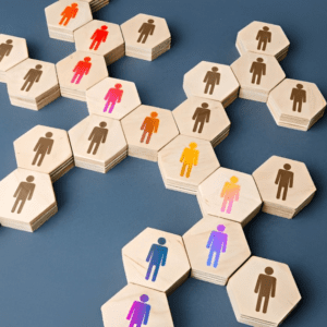 A group of people are arranged in hexagons.